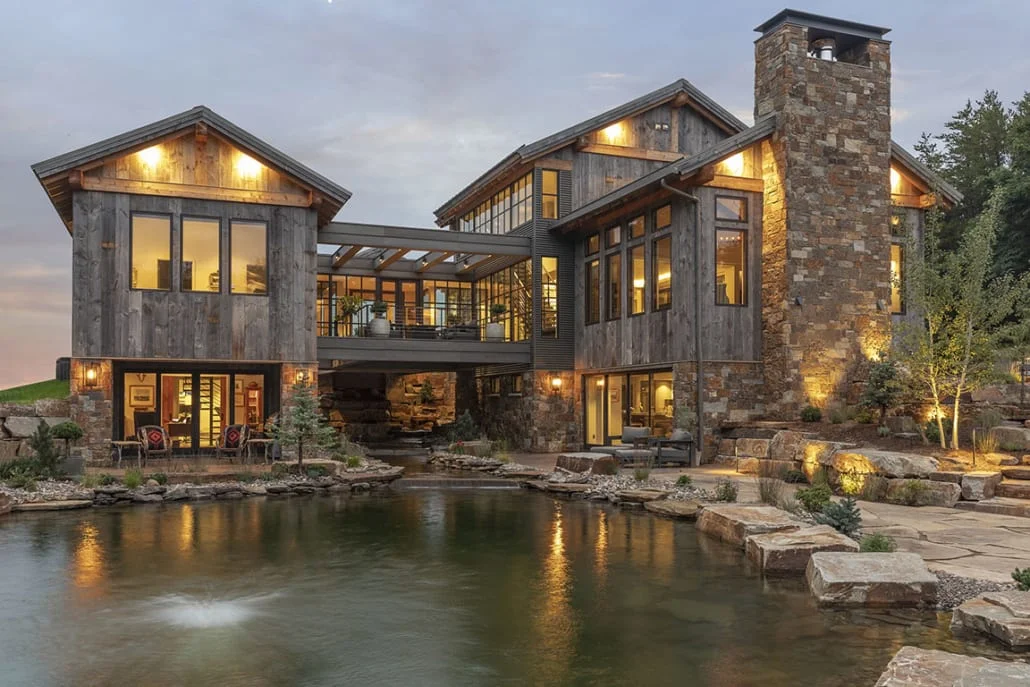 Luxury timber frame home at twilight