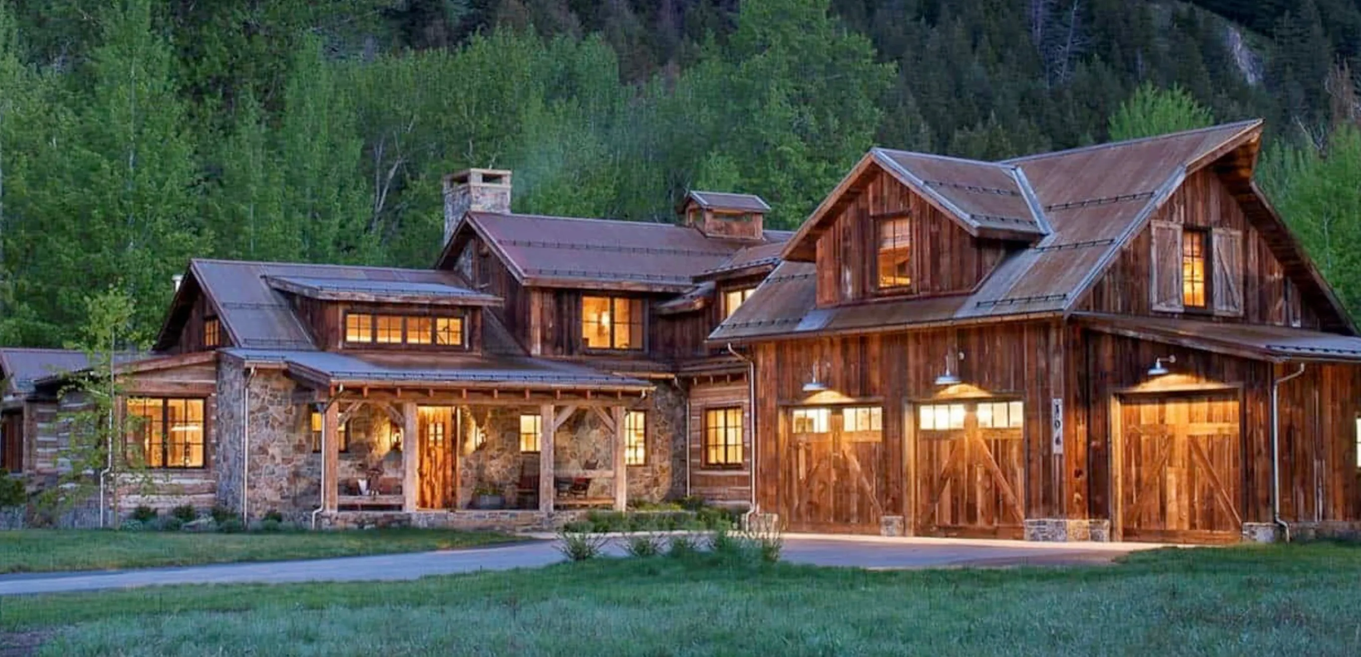 Rustic luxury estate at dusk